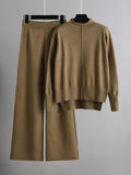 Momentlover Stylish High-Low Long Sleeves Split-Side Solid Half Turtleneck Sweater Tops & Wide Leg Pants Two Pieces Set