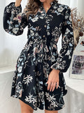 Momentlover Flower Print Elasticity Drawstring Buttoned Loose Long Sleeves V-Neck Mini Dresses
