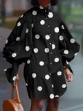 Momentlover Loose Puff Sleeves Polka Dot Split-Side Lapel Mini Dresses Shirt Dress