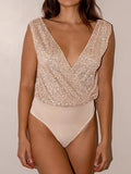 Momentlover Split-Joint Sequined See-Through High-Waisted Sleeveless Skinny V-Neck Bodysuits