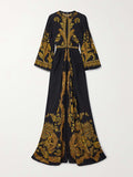 Momentlover Split-Front Printed Contrast Color Loose Flared Sleeves Maxi Dresses