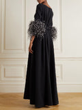 Momentlover Elegant Simple Black And White Feather Long Sleeve Party Dress