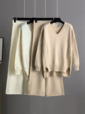 Momentlover Stylish Loose Long Sleeves Solid Color V-Neck Sweater Tops& Wide Leg Pants Two Pieces Set
