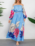 Momentlover Off-The-Shoulder A-Line Elasticity Flower Print Pleated Shirts Top + High Waisted Skirts Bottom Two Pieces Set