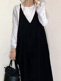 Momentlover Split-Joint Solid Color Sleeveless Loose V-Neck Overalls