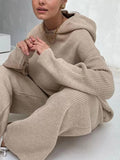 Momentlover Loose Solid Color Hooded Long Sleeves Round-Neck Sweater Top + Drawstring Pants Bottom Two Pieces Set