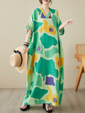 Momentlover Contrast Color Color-Block Raglan Sleeve Loose Round-Neck Maxi Dresses