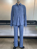 Momentlover Drawstring Pleated Flared Sleeves Long Sleeves Buttoned Solid Color Split-Side Lapel Shirts Top + Pants Bottom Pajama Sets