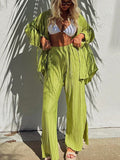 Momentlover Drawstring Pleated Flared Sleeves Long Sleeves Buttoned Solid Color Split-Side Lapel Shirts Top + Pants Bottom Pajama Sets