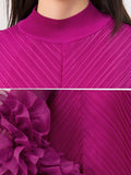 Momentlover Solid Color Pleated Embroidered Loose Long Sleeves Round-neck Midi Dresses