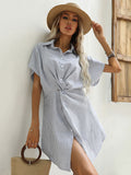 Momentlover Original Casual Loose Striped Buttoned Pleated Mini Shirt Dress