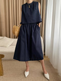 Momentlover Solid Color Loose Round-Neck Vest + High Waisted  Skirt Two Pieces Set