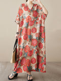Momentlover Printed Short Sleeves Loose V-Neck Maxi Dresses