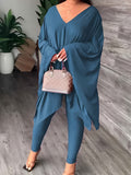 Momentlover Batwing Sleeves Loose Solid Color V-Back V-Neck Shirts Tops&Pants Two Pieces Set