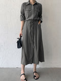 Momentlover Casual A-Line Long Sleeves Bandage Solid Color Lapel Collar Shirt Midi Dresses