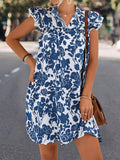 Momentlover Tied Split-Joint Printed Short Sleeves Ruffle Sleeves V-Neck Mini Dresses