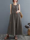 Momentlover Split-Joint Plaid Sleeveless Loose Round-neck Jumpsuits