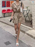 Momentlover Loose Wide Leg Drawstring Solid Color Zipper Notched Collar Rompers