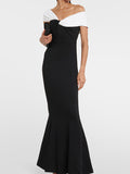 Momentlover Split-Joint Contrast Color Skinny Short Sleeves One-Shoulder Maxi Dresses Evening Dresses
