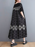 Momentlover Casual Printed Polka-Dot Split-Joint  Asymmetric Round-Neck Plus Size Midi Dress