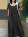 Momentlover Simple Solid Color U-Neck Pleated Short Sleeves Maxi Dress