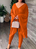 Momentlover Batwing Sleeves Loose Solid Color V-Back V-Neck Shirts Tops&Pants Two Pieces Set