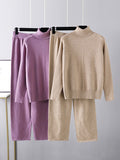 Momentlover Urban Long Sleeves Loose Solid Half Turtleneck Sweater Tops & Wide Leg Pants Two Pieces Set
