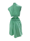 Momentlover Solid Color Pleated Belly-Hollow Skinny Stand Collar Mini Dresses
