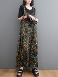Momentlover Loose Artistic Retro Ramie Cotton Floral Printed V-Neck Overalls