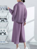 Momentlover Simple Loose Long Sleeves Pleated Solid Color High-Neck T-Shirt Top&Wide Legs Pants Two Pieces Set