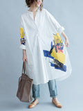 Momentlover White Asymmetric Printed Split-Side Long Sleeves Shirt Dress