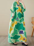 Momentlover Contrast Color Color-Block Raglan Sleeve Loose Round-Neck Maxi Dresses