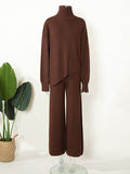 Momentlover Casual Solid Color Irregularity High-Neck Sweater& Wide Leg Pants Suits