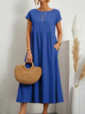 Momentlover Solid Color Pleated Short Sleeves Loose Round-Neck Midi Dresses