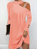 Momentlover Hollow Buttoned Buckle Asymmetric Loose Long Sleeves Round-Neck Mini Dresses