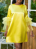 Momentlover Tulle Split-Joint Solid Color Shiny Plus Size Loose Round-Neck Mini Dresses