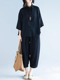Momentlover Two-Pieces Black Loose Shirt And Ninth Pants Suit
