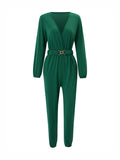 Momentlover Elasticity Belted Long Sleeves V-neck Jumpsuits