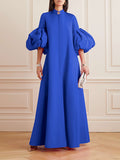 Momentlover Loose Flower Shape Solid Color Stand Collar Lantern Sleeves Maxi Dresses