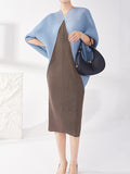 Momentlover Pleated Contrast Color Loose Batwing Sleeves Round-neck Midi Dresses