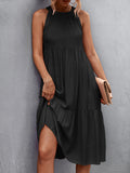 Momentlover Split-Joint Solid Color Pleated Hollow Sleeveless Loose Halter-Neck Midi Dresses