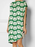 Momentlover Loose Short Sleeves Contrast Color Printed Round-Neck Midi Dresses