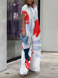Momentlover Printed Wide Leg Loose Lapel Collar Jumpsuits
