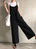Momentlover Black&Khaki Casual Spaghetti-Neck Loose Wide-Leg Overalls