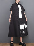 Momentlover Original Loose Short Sleeves Buttoned Contrast Color Printed Midi Dresses