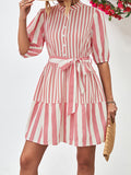 Momentlover Striped Buttoned Loose Half Sleeves Stand Collar Mini Dresses