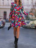 Momentlover Split-Joint Printed Pleated Floral Printed Puff Sleeves Loose Lapel Mini Dresses