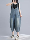 Momentlover Buttoned Loose Cropped Denim Overalls
