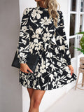 Momentlover Tied Waist Pleated Flower Print Loose Long Sleeves Mock Neck Mini Dresses