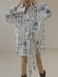 Momentlover Original Loose Long Sleeves Buttoned Contrast Color Printed Lapel Collar Mini Dresses